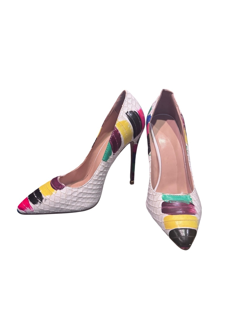 Wetkiss White Textured Pointed-Toe Pumps w/ Multicolor Brushstroke Accents